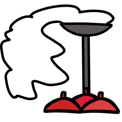 white smoke billowing from a thin chimneystack topped with a bowl shape. at the bottom of the chimneystack are three red zuchetta (cardinal hats).